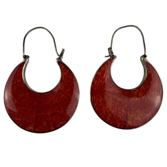 Sterling Silver Womens Red Crescent Enamel Hoop Earrings Vintage Style - Picture 1 of 3